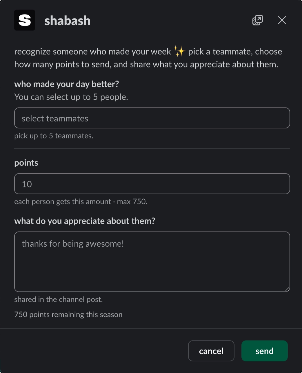 slack modal to send a shabash with points and a message