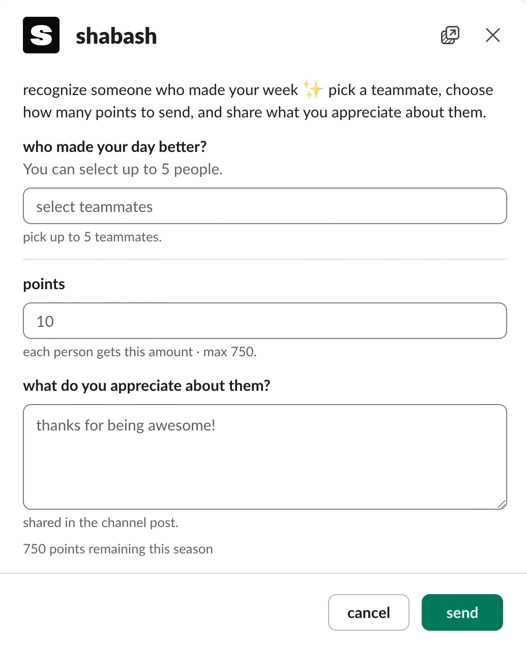 slack modal to send a shabash with points and a message